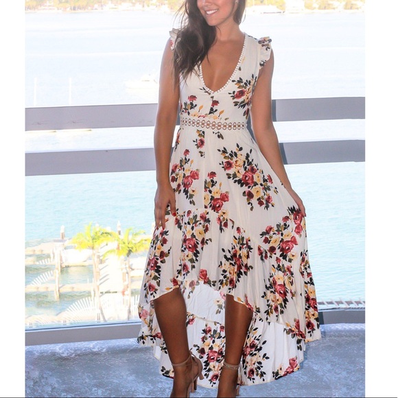 Ivory Floral Boho High Low Dress With Open Back - Picture 5 of 6